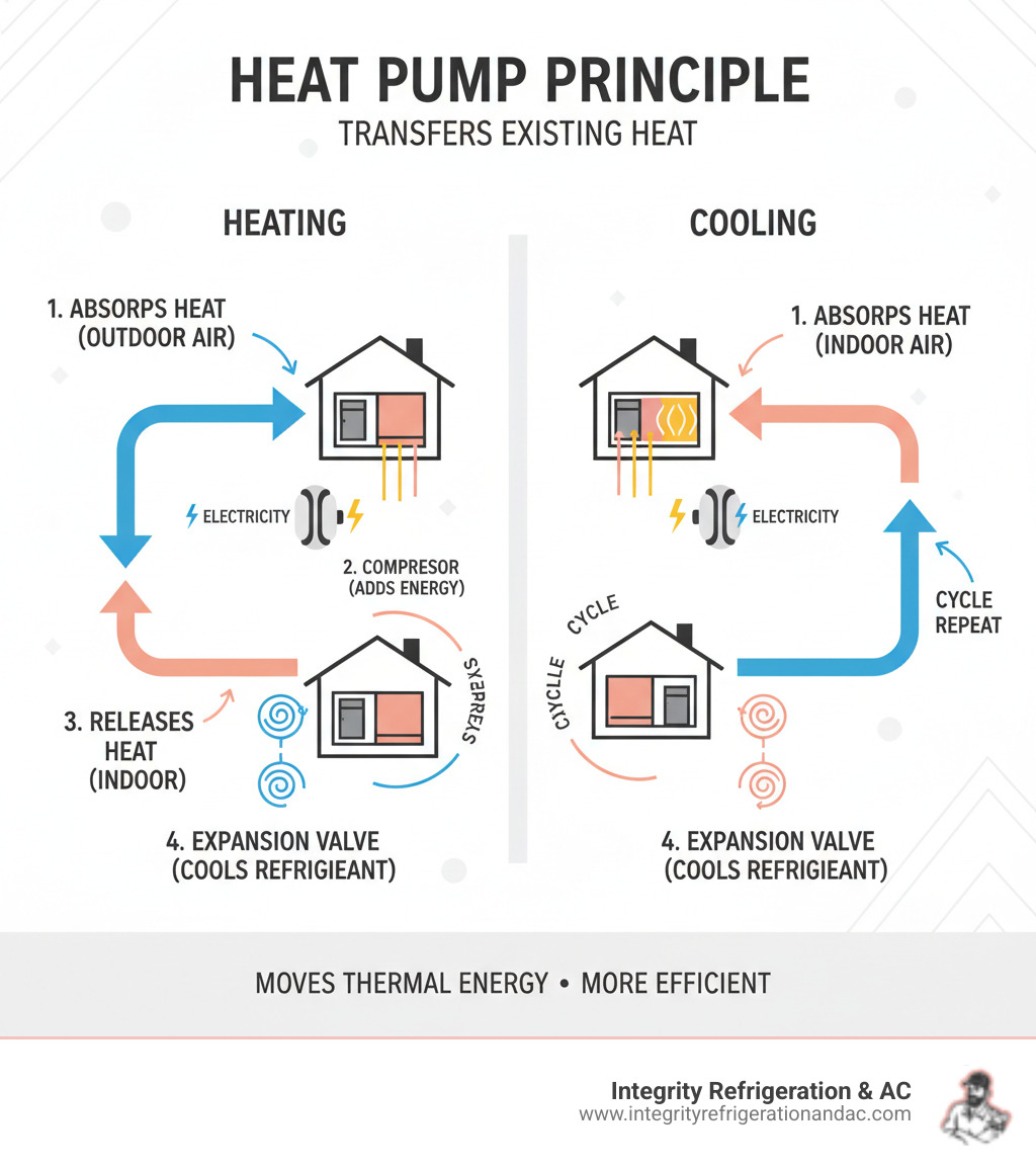 Infographic showing the basic principle of heat pumps: a heat pump transfers existing heat rather than creating it, using a refrigerant cycle to move thermal energy from a cold space to a warm space (or vice versa), powered by electricity to run the compressor and fans - how do heat pumps work infographic  Infographic showing the basic principle of heat pumps: a heat pump transfers existing heat rather than creating it, using a refrigerant cycle to move thermal energy from a cold space to a warm space (or vice versa), powered by electricity to run the compressor and fans - how do heat pumps work infographic