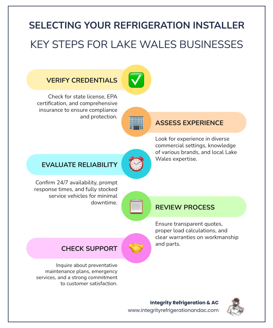 Infographic showing the refrigeration installation selection process: Step 1 - Verify credentials (state license, EPA certification, insurance); Step 2 - Assess experience (commercial settings, brands serviced, local knowledge); Step 3 - Evaluate reliability (24/7 availability, response time, stocked vehicles); Step 4 - Review process (load calculations, transparent quotes, warranties); Step 5 - Check support (maintenance plans, emergency service, customer satisfaction) - refrigeration installation company lake wales fl infographic infographic-line-5-steps-colors Infographic showing the refrigeration installation selection process: Step 1 - Verify credentials (state license, EPA certification, insurance); Step 2 - Assess experience (commercial settings, brands serviced, local knowledge); Step 3 - Evaluate reliability (24/7 availability, response time, stocked vehicles); Step 4 - Review process (load calculations, transparent quotes, warranties); Step 5 - Check support (maintenance plans, emergency service, customer satisfaction) - refrigeration installation company lake wales fl infographic infographic-line-5-steps-colors