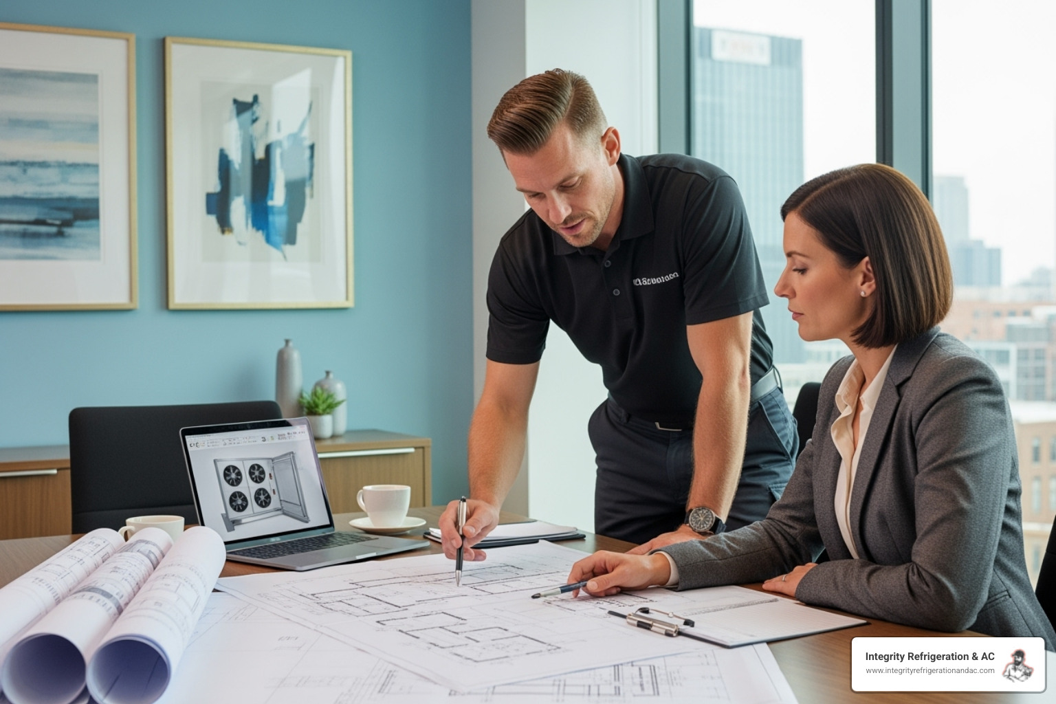 Technician and business owner reviewing plans for refrigeration installation - refrigeration installation company lake wales fl Technician and business owner reviewing plans for refrigeration installation - refrigeration installation company lake wales fl