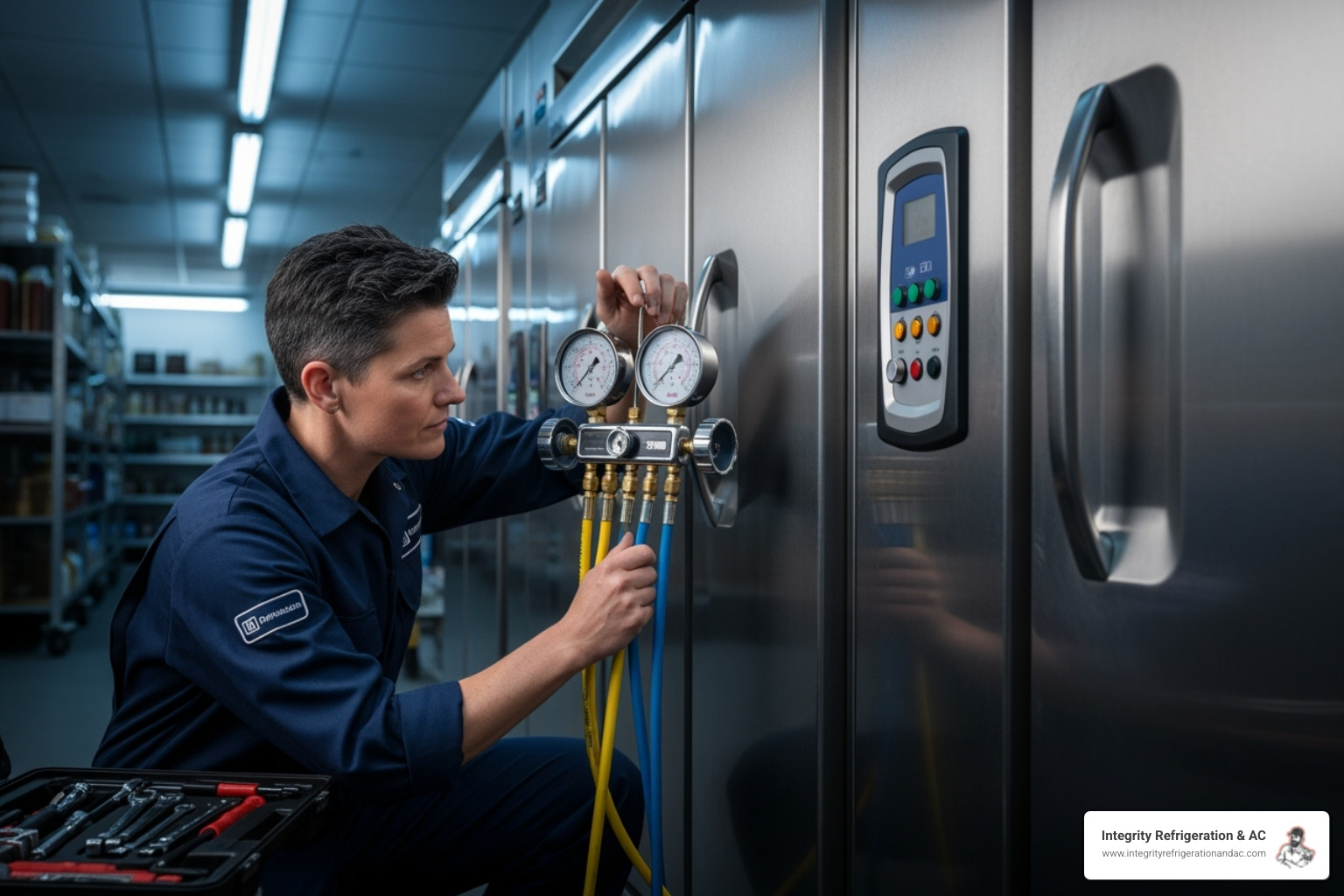 technician checking gauges on refrigeration unit - refrigeration maintenance service auburndale fl