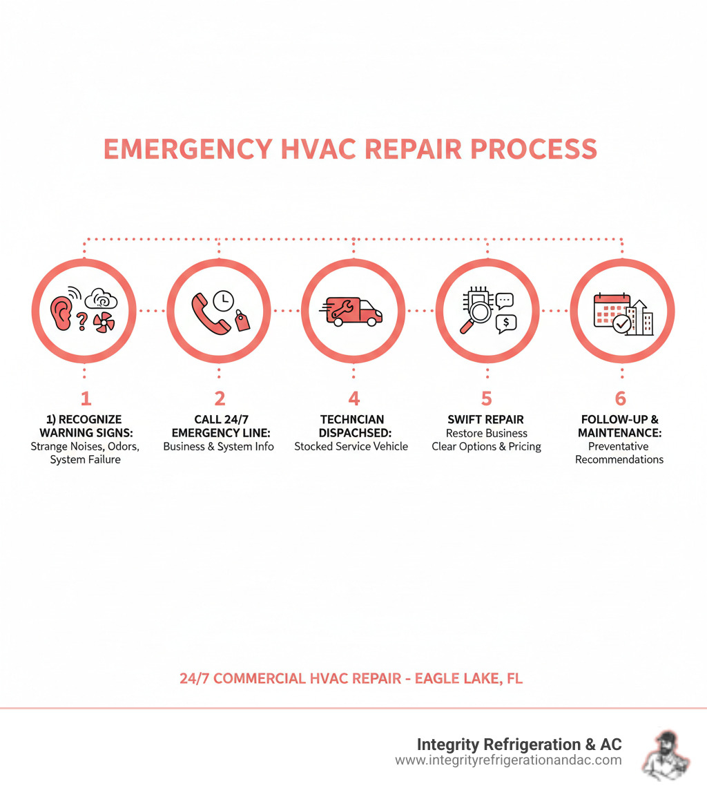 Infographic showing the emergency HVAC repair process: 1) Recognize warning signs like strange noises, unusual odors, or system failure, 2) Call 24/7 emergency line with business details and system information, 3) Technician dispatched immediately with stocked service vehicle, 4) On-site diagnosis and clear communication of repair options, 5) Swift repair completed to restore business operations, 6) Follow-up and preventative maintenance recommendations - 24/7 commercial hvac repair in eagle lake fl infographic 