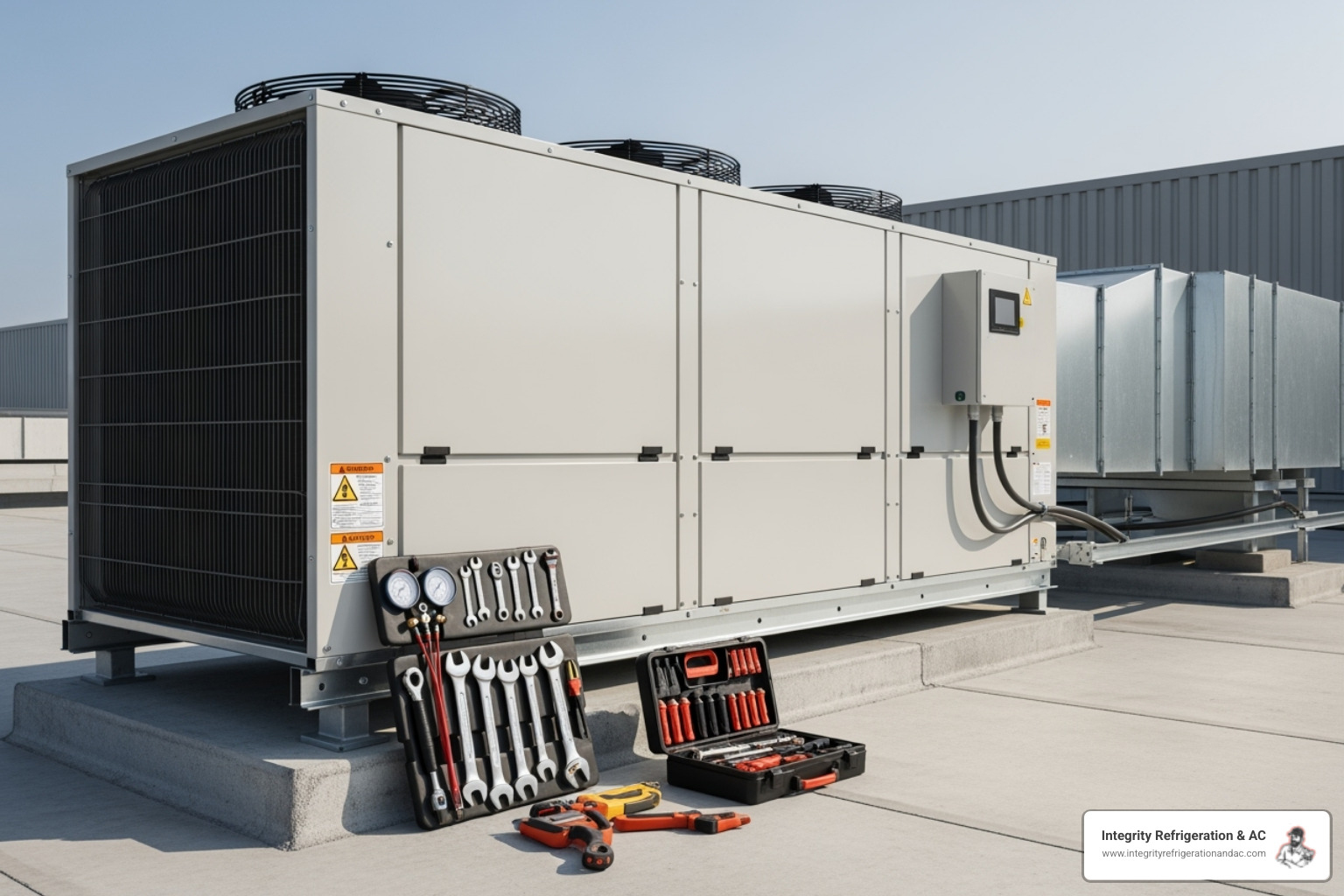 A technician performing routine maintenance on a commercial rooftop HVAC unit - 24/7 commercial hvac repair in eagle lake fl