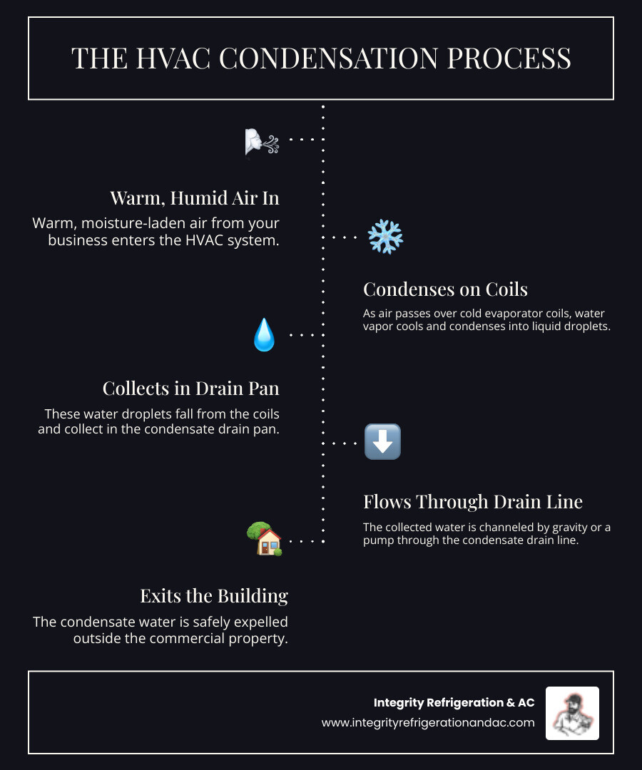 Infographic showing the HVAC condensation process: warm humid air enters the system, passes over cold evaporator coils where moisture condenses into water droplets, water collects in the drain pan, flows through the condensate drain line, and exits the building. Common failure points highlighted include clogged drain lines, frozen coils, cracked drain pans, and failed condensate pumps. - commercial hvac leaking water in carefree fl infographic infographic-line-5-steps-dark