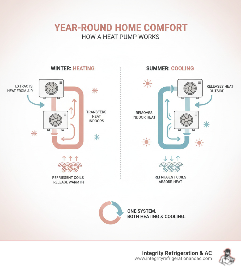 infographic showing how a heat pump works: outdoor unit extracts heat from air in winter and transfers it indoors via refrigerant coils; in summer the process reverses to cool your home by removing indoor heat and releasing it outside; one system handles both heating and cooling year-round - best heat pump company in auburndale fl infographic infographic showing how a heat pump works: outdoor unit extracts heat from air in winter and transfers it indoors via refrigerant coils; in summer the process reverses to cool your home by removing indoor heat and releasing it outside; one system handles both heating and cooling year-round - best heat pump company in auburndale fl infographic
