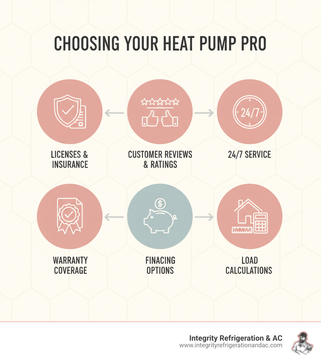 infographic showing the process of selecting a heat pump company: verify licenses and insurance, check customer reviews and ratings, confirm 24/7 service availability, review warranty coverage, ask about financing options, and request load calculations for proper sizing - best heat pump company in davenport fl infographic 