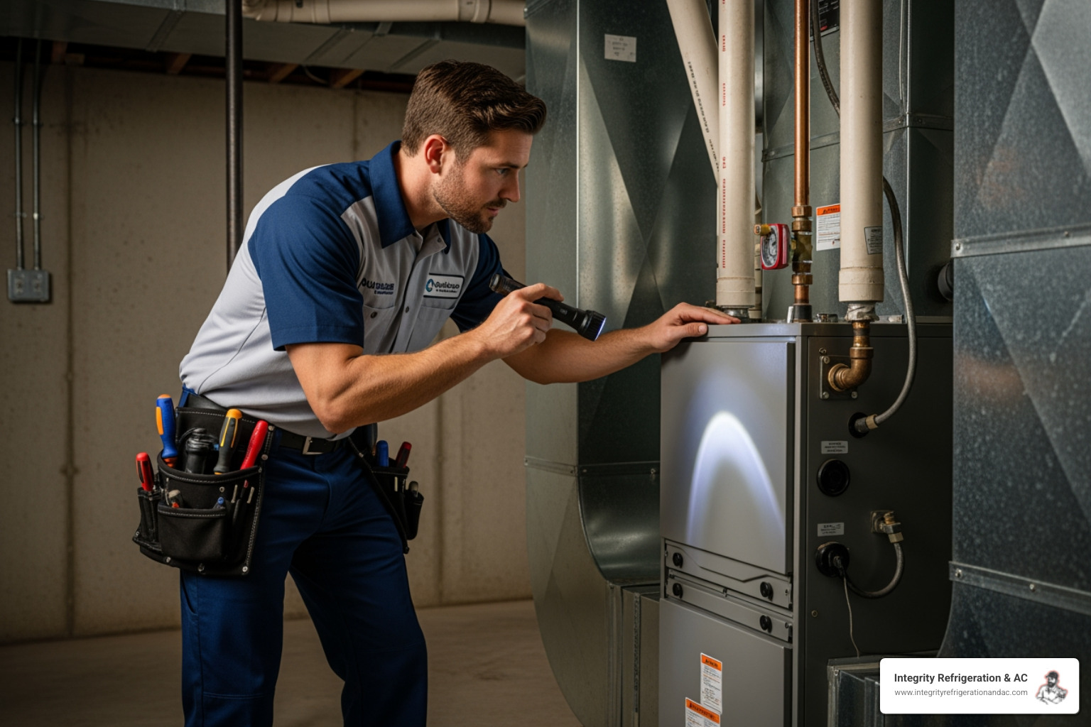 professional HVAC technician working on a heating unit - My heater isn't working. Who can I call for heating repair in Winter Haven, FL?" professional HVAC technician working on a heating unit - My heater isn't working. Who can I call for heating repair in Winter Haven, FL?"