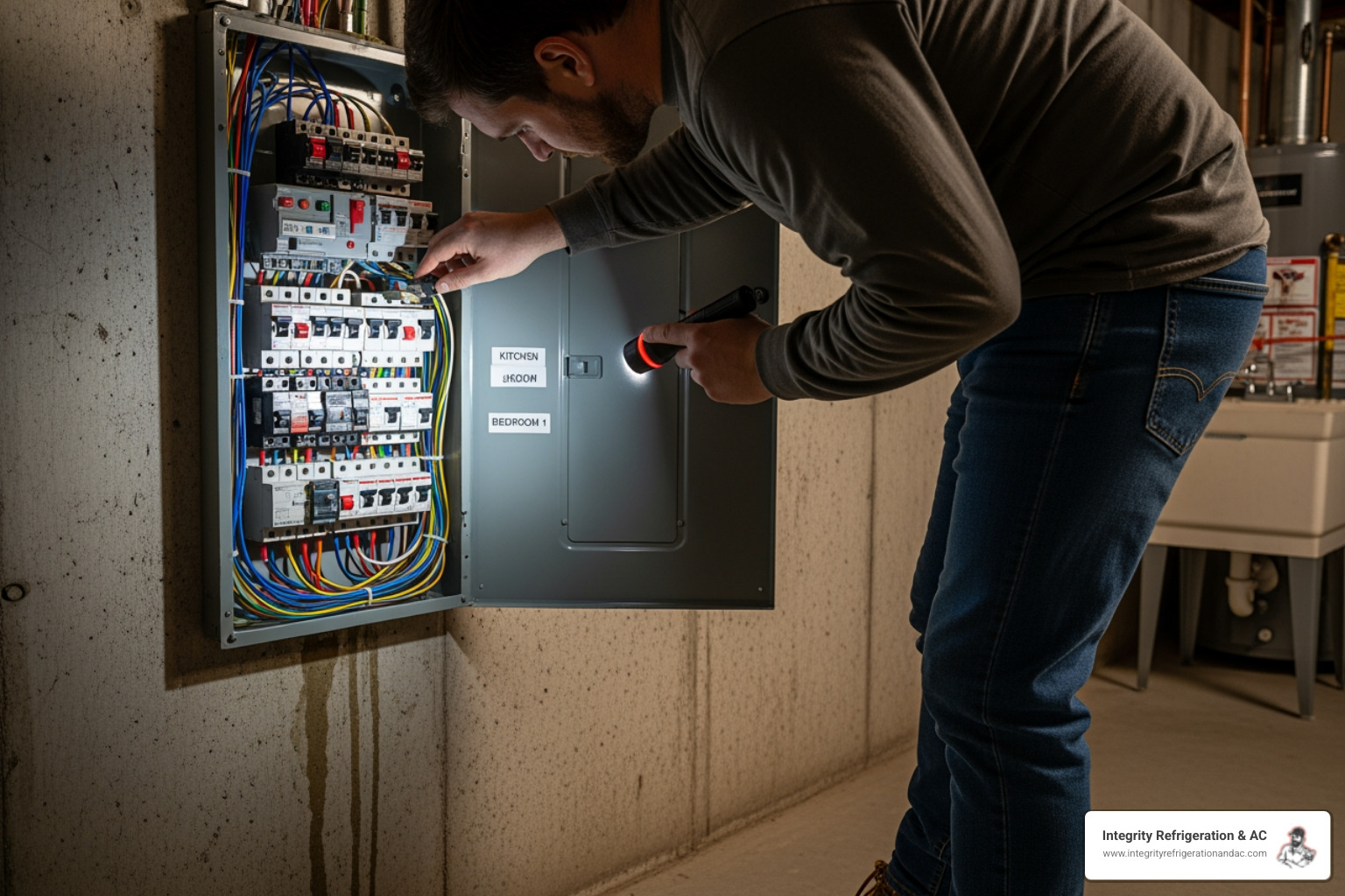 person checking circuit breaker panel - My heater isn't working. Who can I call for heating repair in Winter Haven, FL?" person checking circuit breaker panel - My heater isn't working. Who can I call for heating repair in Winter Haven, FL?"