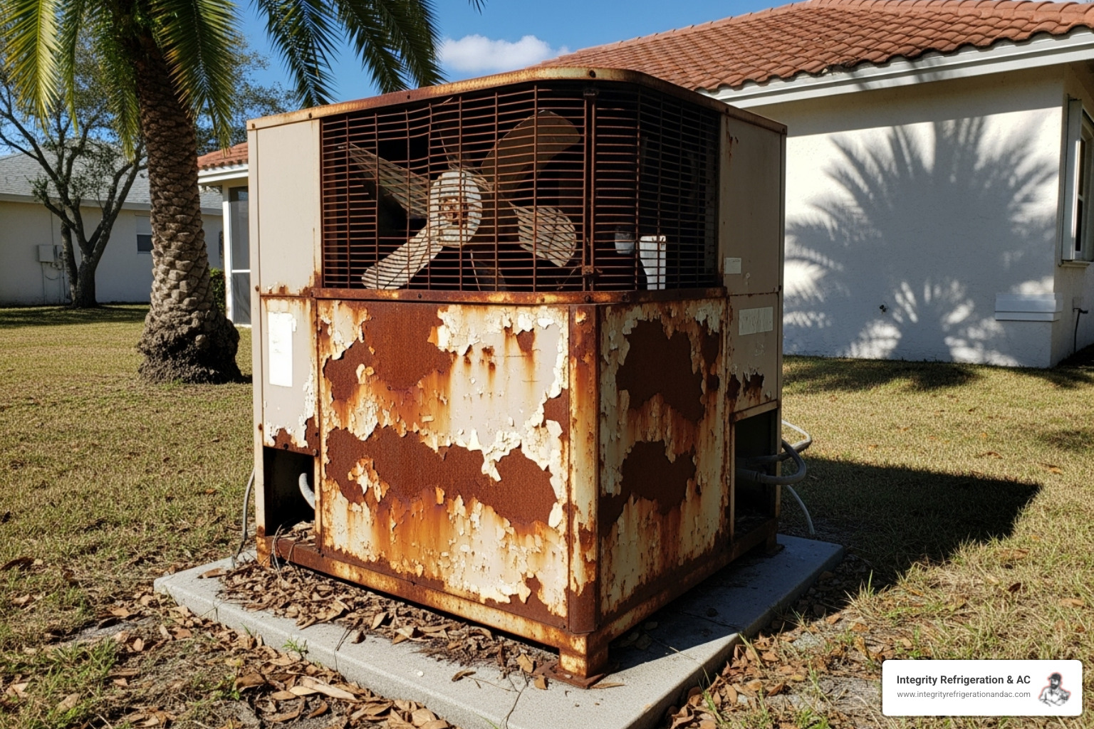 homeowner looking concerned at an old, rusted heat pump unit - heat pump replacement in apollo beach fl