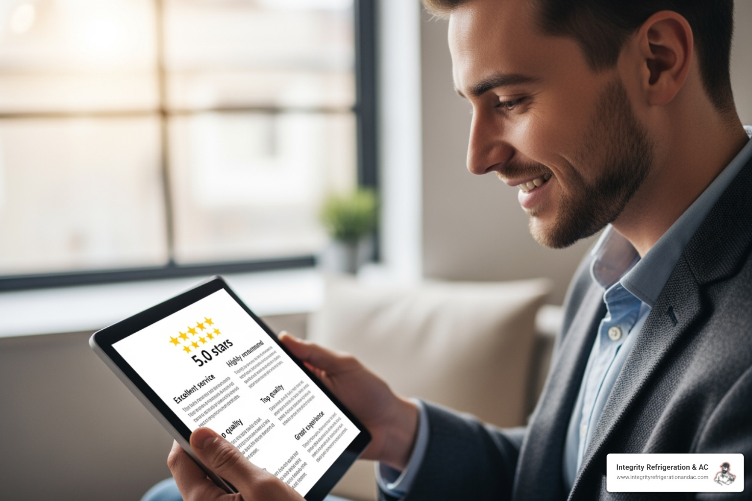 person looking at a company's positive reviews on a tablet - "Find me reliable HVAC service providers in Winter Haven, FL for regular maintenance."