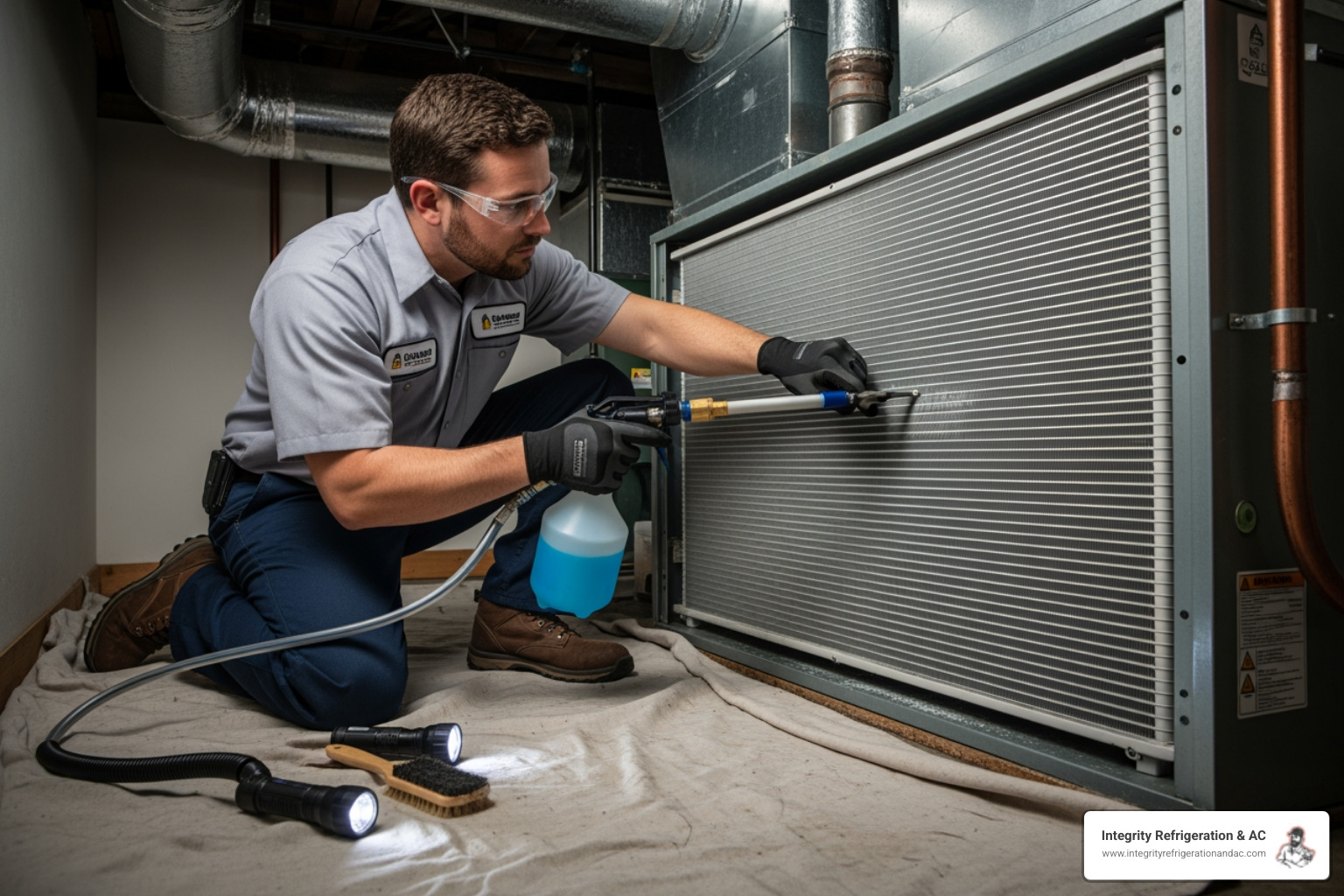 technician cleaning an indoor air handler coil - "Find me reliable HVAC service providers in Winter Haven, FL for regular maintenance."