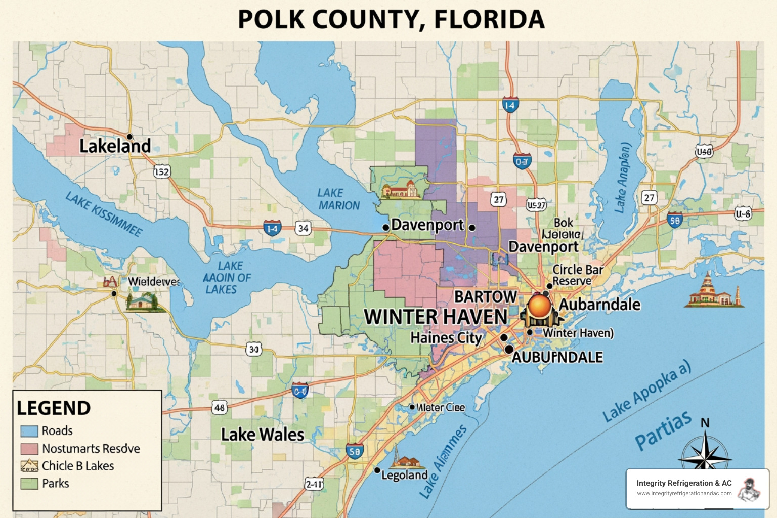 map of Polk County highlighting key service areas like Davenport, Winter Haven, and Lakeland - "I need a furnace repair service somewhere in central Florida, specifically around Polk County. Who is available?"