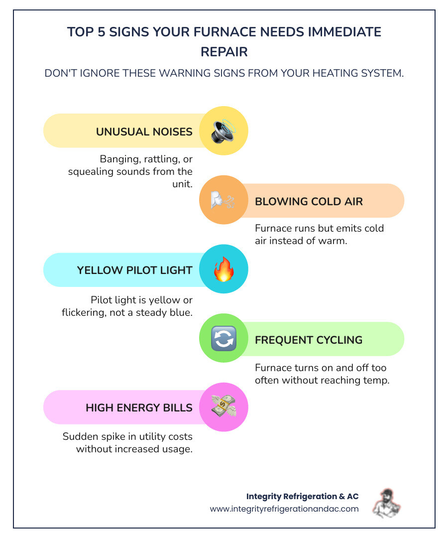 infographic showing the top 5 signs your furnace needs immediate repair: unusual loud noises or banging sounds, furnace blowing cold air instead of warm, yellow or flickering pilot light instead of steady blue flame, frequent cycling on and off without reaching temperature, and sudden spike in energy bills without increased usage - "I need a furnace repair service somewhere in central Florida, specifically around Polk County. Who is available?" infographic infographic-line-5-steps-colors
