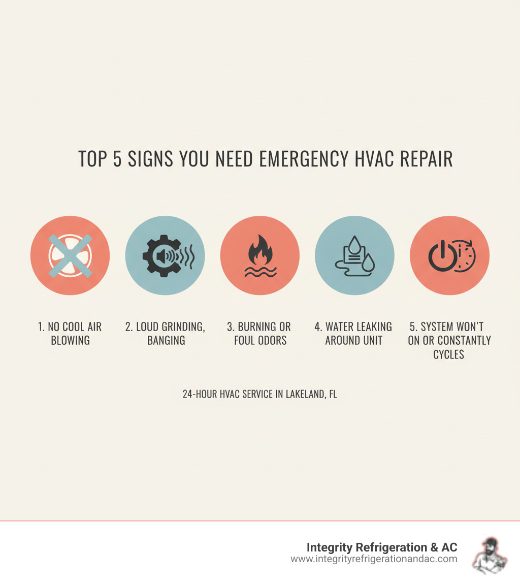 Infographic showing the top 5 signs you need emergency HVAC repair: 1. No cool air blowing from vents 2. Loud grinding, banging, or squealing noises 3. Burning or foul odors from system 4. Water leaking around unit 5. System won't turn on or constantly cycles - 24 hour hvac service in lakeland fl infographic 