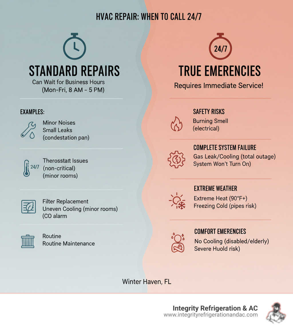 Infographic explaining the difference between standard HVAC repairs that can wait for business hours versus true emergencies requiring immediate 24/7 service, including categories for safety risks, complete system failure, extreme weather conditions, and comfort emergencies with specific examples under each - emergency hvac repair in winter haven fl infographic 