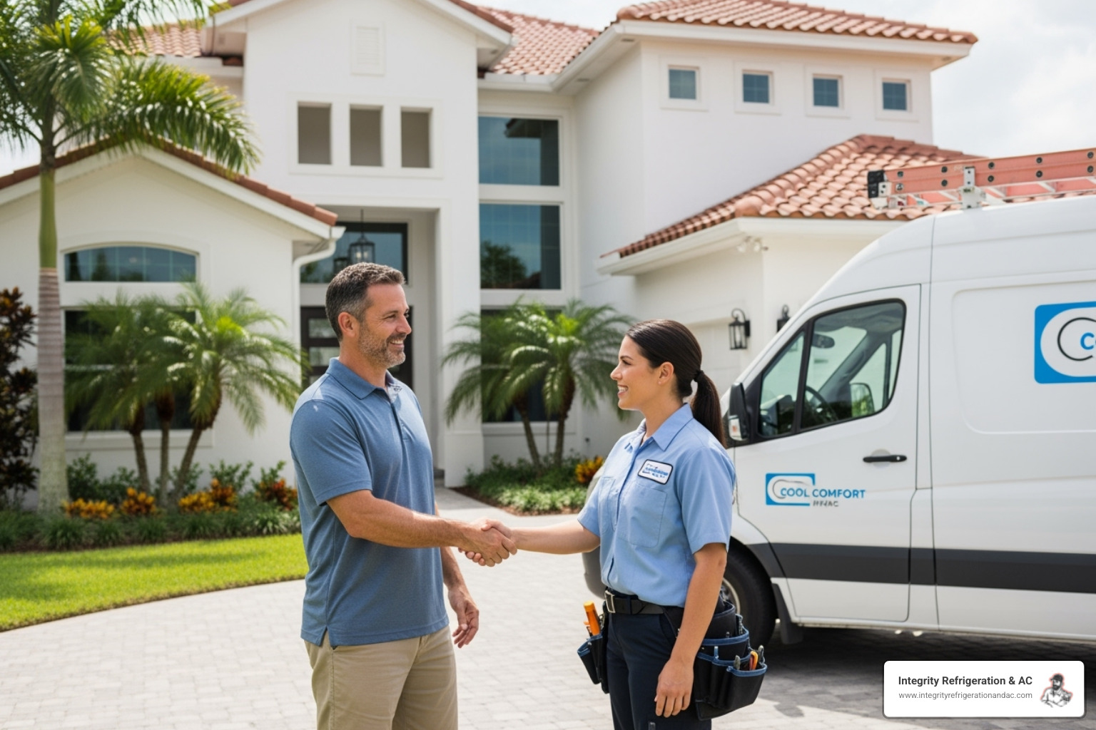 homeowner smiling and shaking hands with a uniformed technician - local heat pump company in bartow fl
