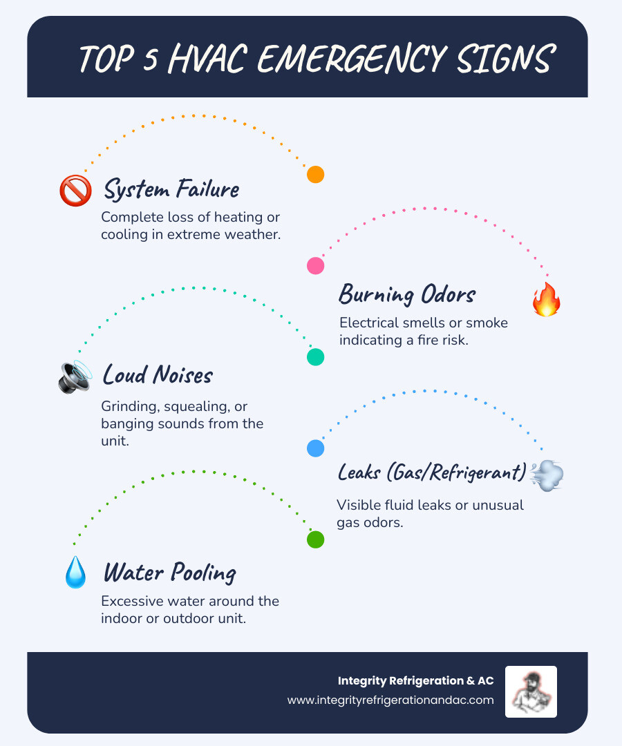Infographic showing the top 5 signs of an HVAC emergency: complete system failure with no cooling or heating, burning smells or electrical odors indicating fire risk, loud grinding or squealing noises from mechanical failure, visible refrigerant or gas leaks posing health hazards, and water pooling around the unit causing potential property damage - emergency hvac repair in polk city fl infographic infographic-line-5-steps-blues-accent_colors