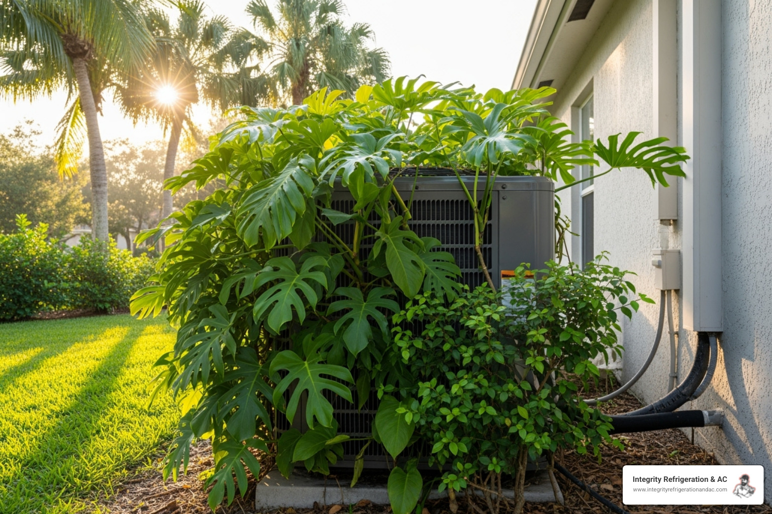An outdoor AC unit covered in lush, green foliage, highlighting how plants can obstruct airflow and cause system inefficiencies or failures. - emergency hvac repair in polk city fl