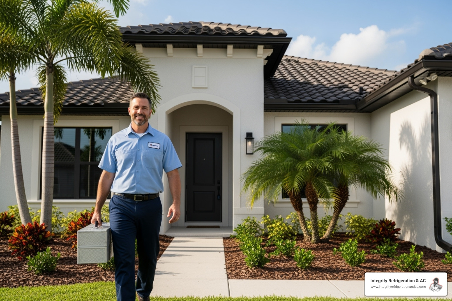 A professional and friendly HVAC technician, wearing a clean uniform, is depicted arriving at a Florida home, carrying a toolbox and offering a reassuring smile. - emergency hvac repair in polk city fl