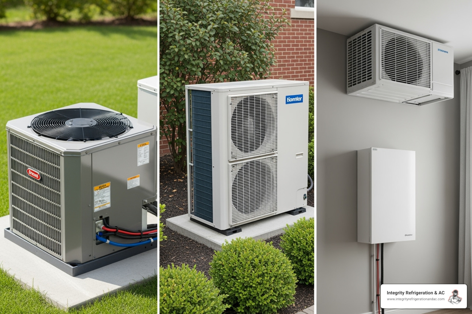 An image showing three types of HVAC units: a central air conditioner (large outdoor unit), a heat pump (similar outdoor unit but with heating capabilities), and a ductless mini-split (indoor wall-mounted unit and small outdoor compressor) - hvac installation in dundee fl