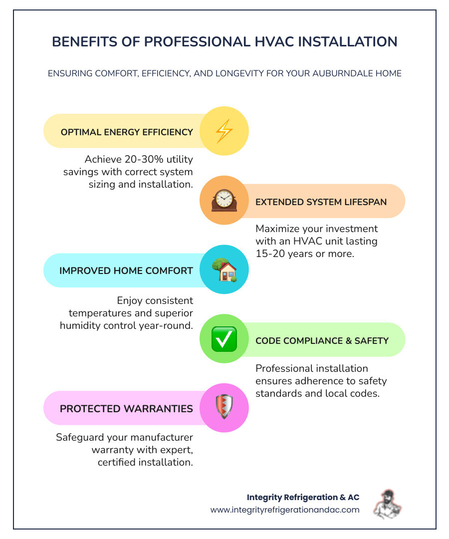 infographic showing benefits of professional HVAC installation including proper sizing through load calculations, code-compliant installation for safety, optimal energy efficiency with 20-30% utility savings, extended system lifespan of 15-20 years, improved humidity control, and protected manufacturer warranties - hvac installation in auburndale fl infographic infographic-line-5-steps-colors