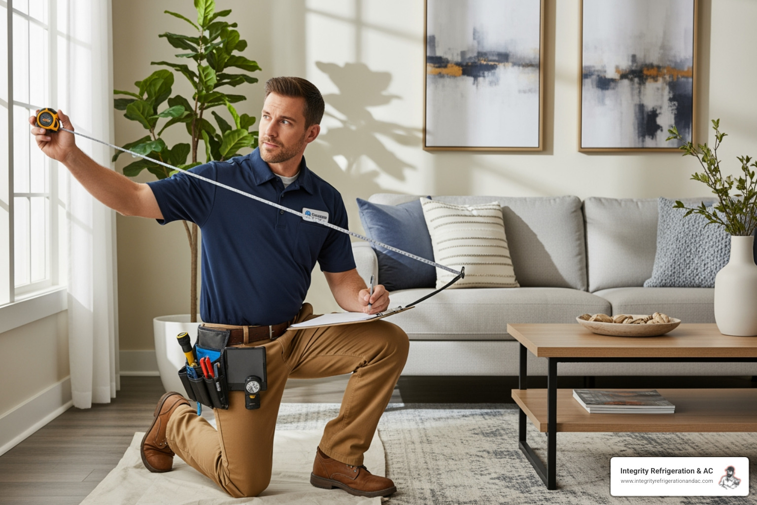 A technician meticulously performing a home assessment, measuring and taking notes in a living room. - best hvac installation in lake hamilton fl