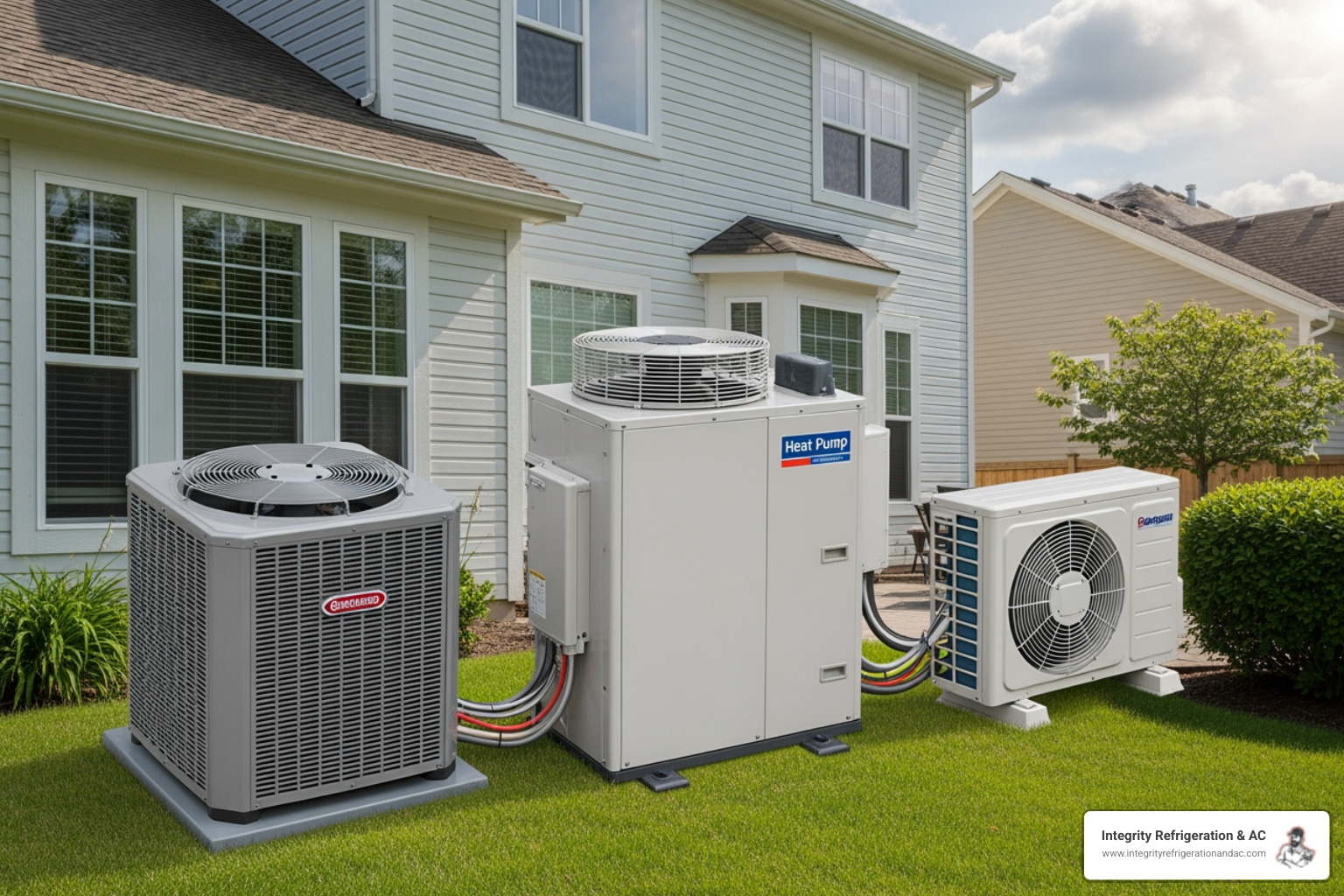a side-by-side comparison of a central air unit, a heat pump, and a ductless mini-split - hvac installation in lake alfred fl