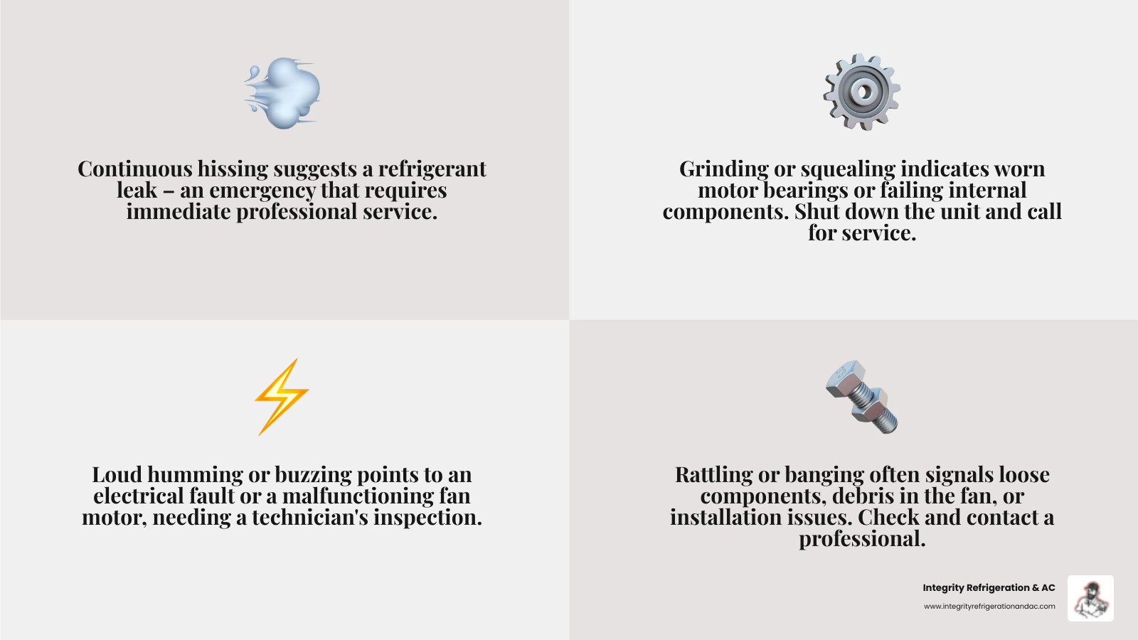 infographic showing six types of heat pump noises with icons: swooshing sound with snowflake icon labeled normal defrost, rattling sound with loose screw icon labeled check for debris, continuous hissing with leak symbol labeled call immediately, grinding sound with gear icon labeled worn bearings, loud humming with electrical symbol labeled electrical issue, and gurgling sound with bubble icon labeled low refrigerant - heat pump making noise in winter haven fl infographic 4_facts_emoji_grey infographic showing six types of heat pump noises with icons: swooshing sound with snowflake icon labeled normal defrost, rattling sound with loose screw icon labeled check for debris, continuous hissing with leak symbol labeled call immediately, grinding sound with gear icon labeled worn bearings, loud humming with electrical symbol labeled electrical issue, and gurgling sound with bubble icon labeled low refrigerant - heat pump making noise in winter haven fl infographic 4_facts_emoji_grey