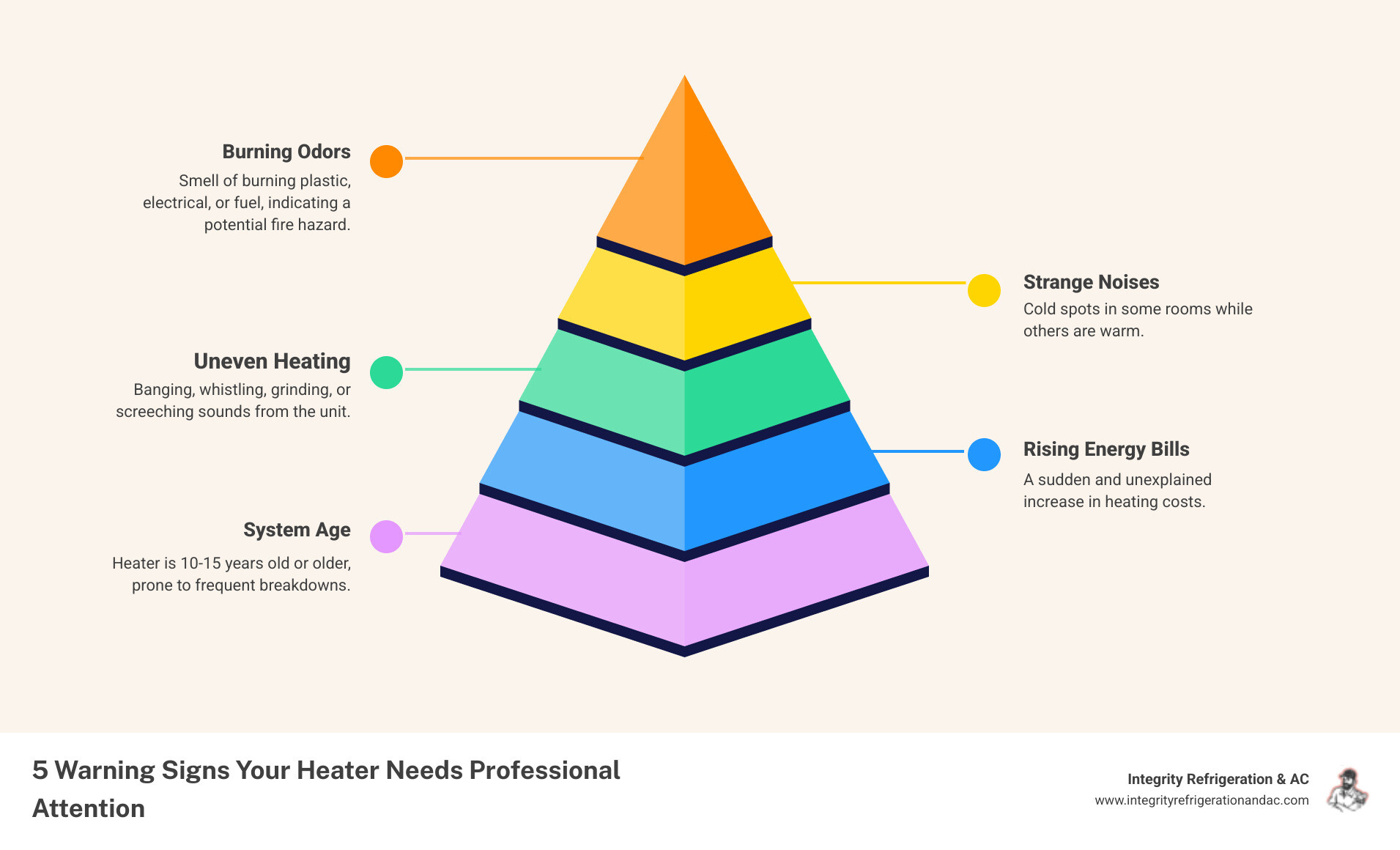 infographic showing five warning signs your heater needs professional attention: uneven heating throughout home, strange noises like banging or whistling, sudden spike in energy bills, system age over 10-15 years, musty or burning odors when system runs - heater company near me in davenport fl infographic pyramid-hierarchy-5-steps infographic showing five warning signs your heater needs professional attention: uneven heating throughout home, strange noises like banging or whistling, sudden spike in energy bills, system age over 10-15 years, musty or burning odors when system runs - heater company near me in davenport fl infographic pyramid-hierarchy-5-steps