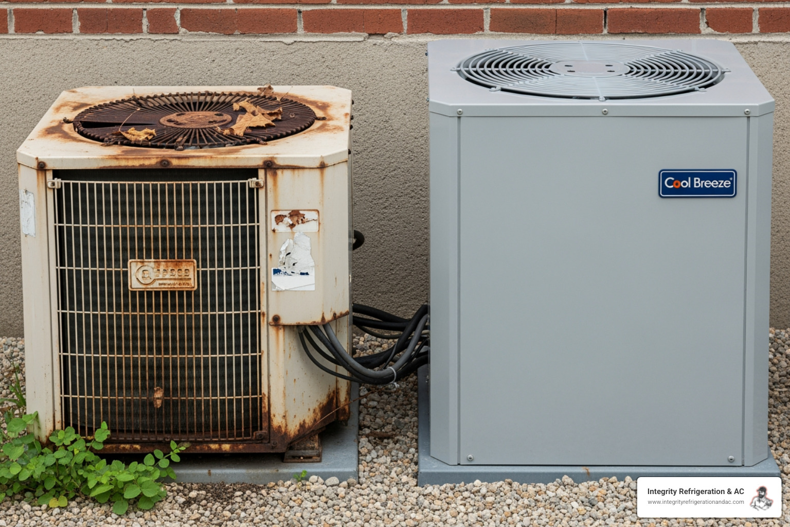Old, rusted outdoor AC unit contrasted with a new, sleek unit - best hvac installation in eagle lake fl