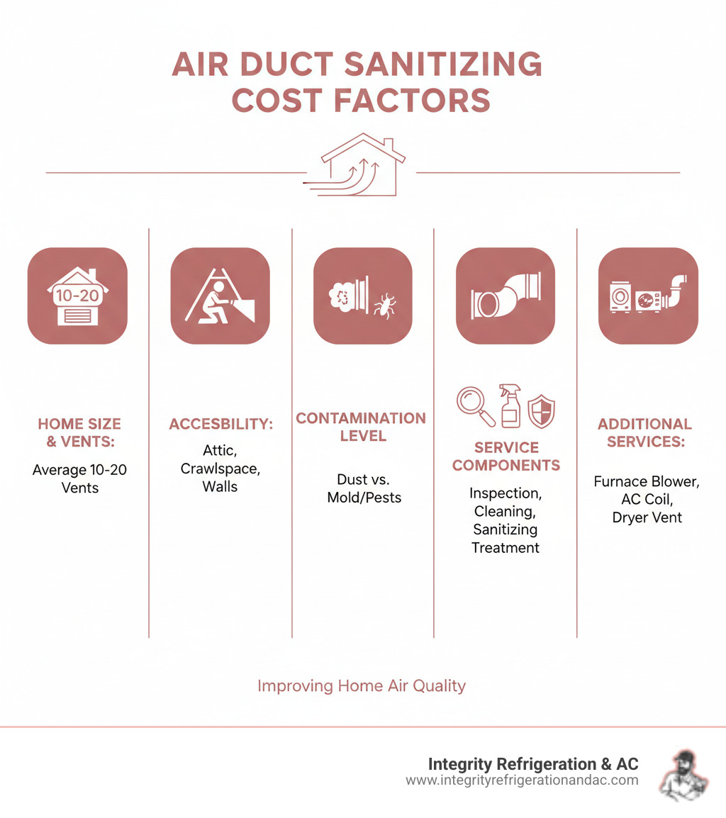 Infographic showing the breakdown of factors affecting air duct sanitizing cost: home size and number of vents (typically 10-20 vents in average homes), ductwork accessibility (attic, crawlspace, or behind walls), contamination level (light dust vs. mold or pest damage), service components (inspection, cleaning, EPA-approved sanitizing treatment), and additional services (furnace blower, AC coil, dryer vent cleaning) - air duct sanitizing cost infographic Infographic showing the breakdown of factors affecting air duct sanitizing cost: home size and number of vents (typically 10-20 vents in average homes), ductwork accessibility (attic, crawlspace, or behind walls), contamination level (light dust vs. mold or pest damage), service components (inspection, cleaning, EPA-approved sanitizing treatment), and additional services (furnace blower, AC coil, dryer vent cleaning) - air duct sanitizing cost infographic