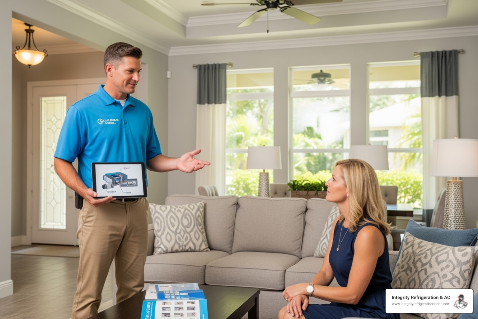 An HVAC professional discussing system options with a homeowner in a well-maintained Florida home - eco friendly heating system polk county fl