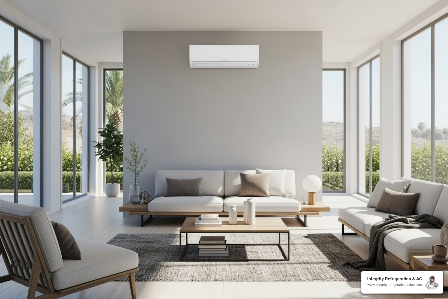 A modern living room with a ductless mini-split unit mounted on the wall, providing efficient heating and cooling - eco friendly heating system polk county fl
