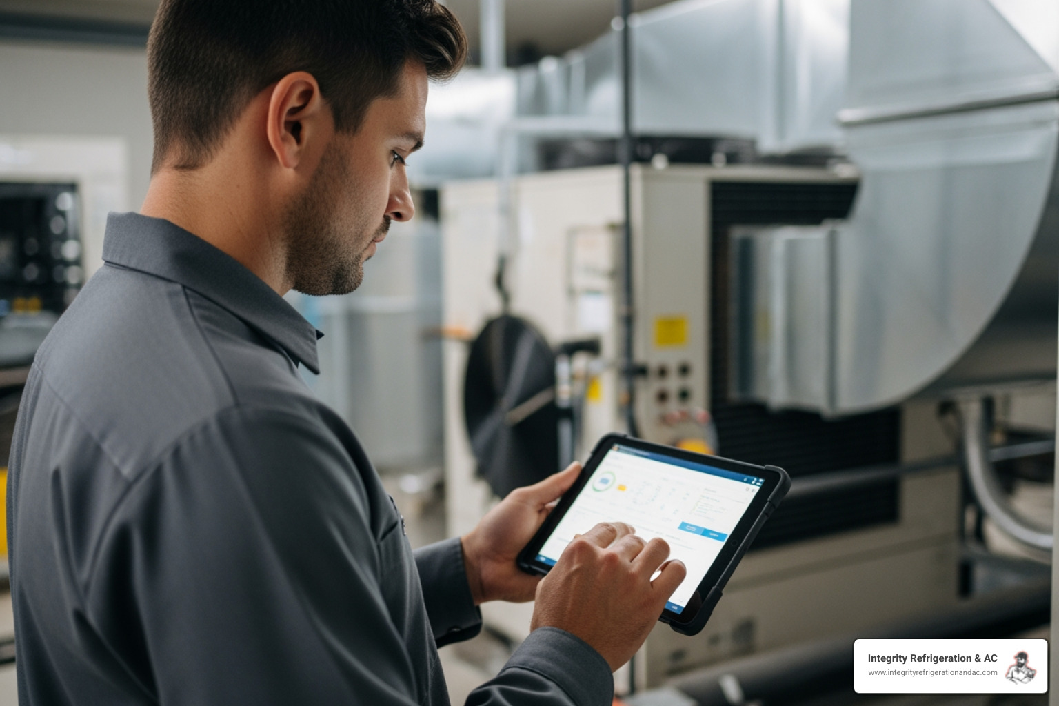 technician diagnosing a commercial HVAC system on a tablet - 24 hour commercial hvac service in auburndale fl