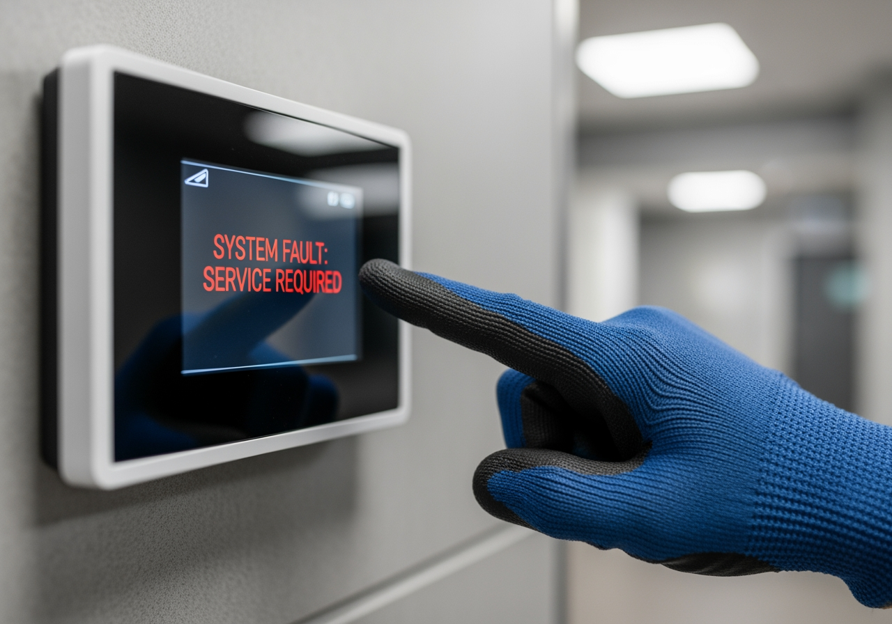 A commercial thermostat displaying an error message, with a technician's hand pointing to the screen - commercial hvac repair in bartow fl A commercial thermostat displaying an error message, with a technician's hand pointing to the screen - commercial hvac repair in bartow fl