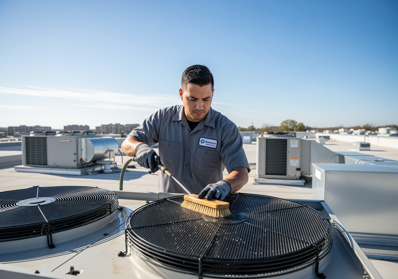A technician cleaning the coils on a rooftop commercial HVAC unit, highlighting the importance of maintenance in humid climates - commercial hvac repair in bartow fl A technician cleaning the coils on a rooftop commercial HVAC unit, highlighting the importance of maintenance in humid climates - commercial hvac repair in bartow fl