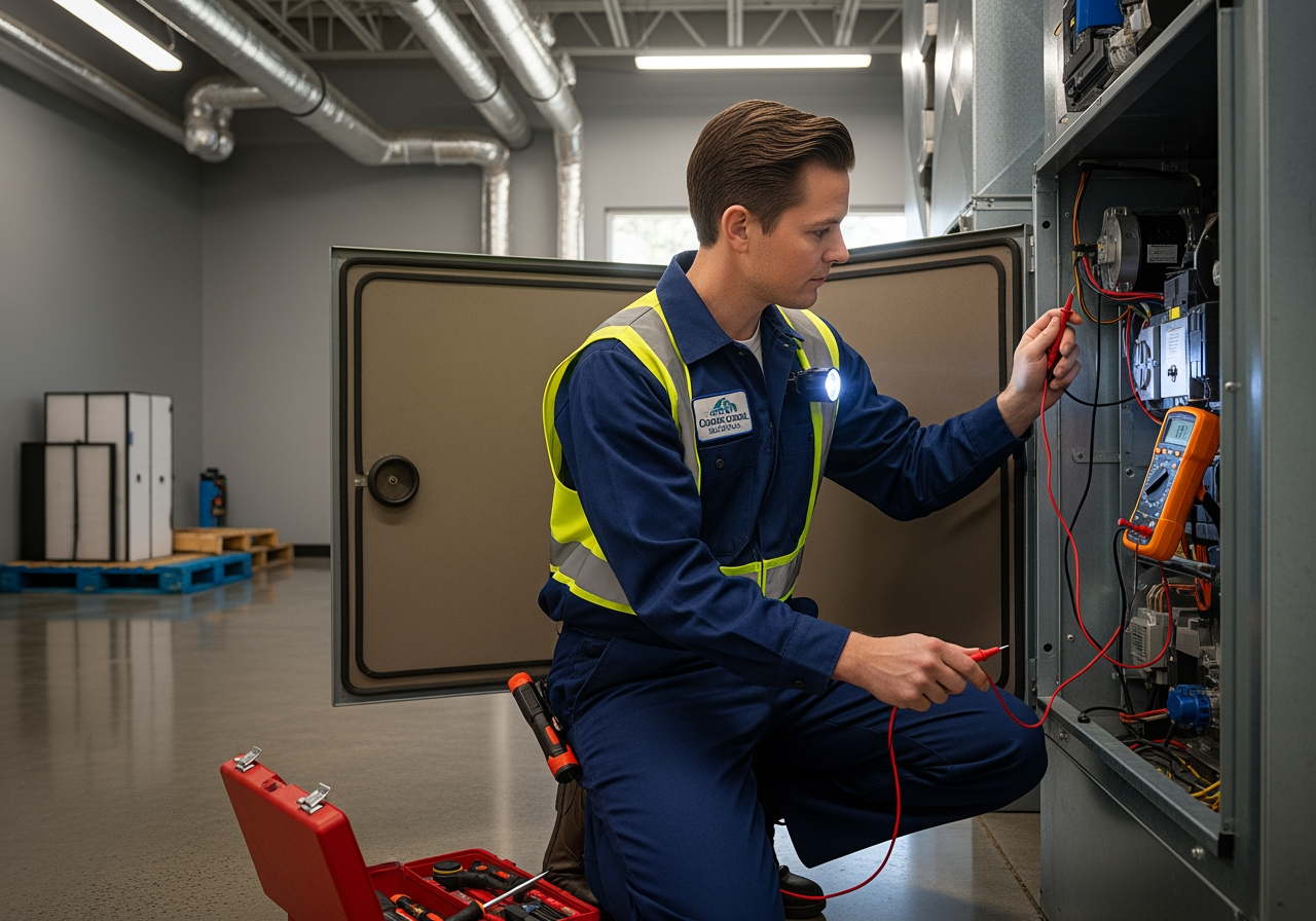 A technician performing a maintenance check on an indoor air handler in a commercial building - commercial hvac repair in bartow fl A technician performing a maintenance check on an indoor air handler in a commercial building - commercial hvac repair in bartow fl