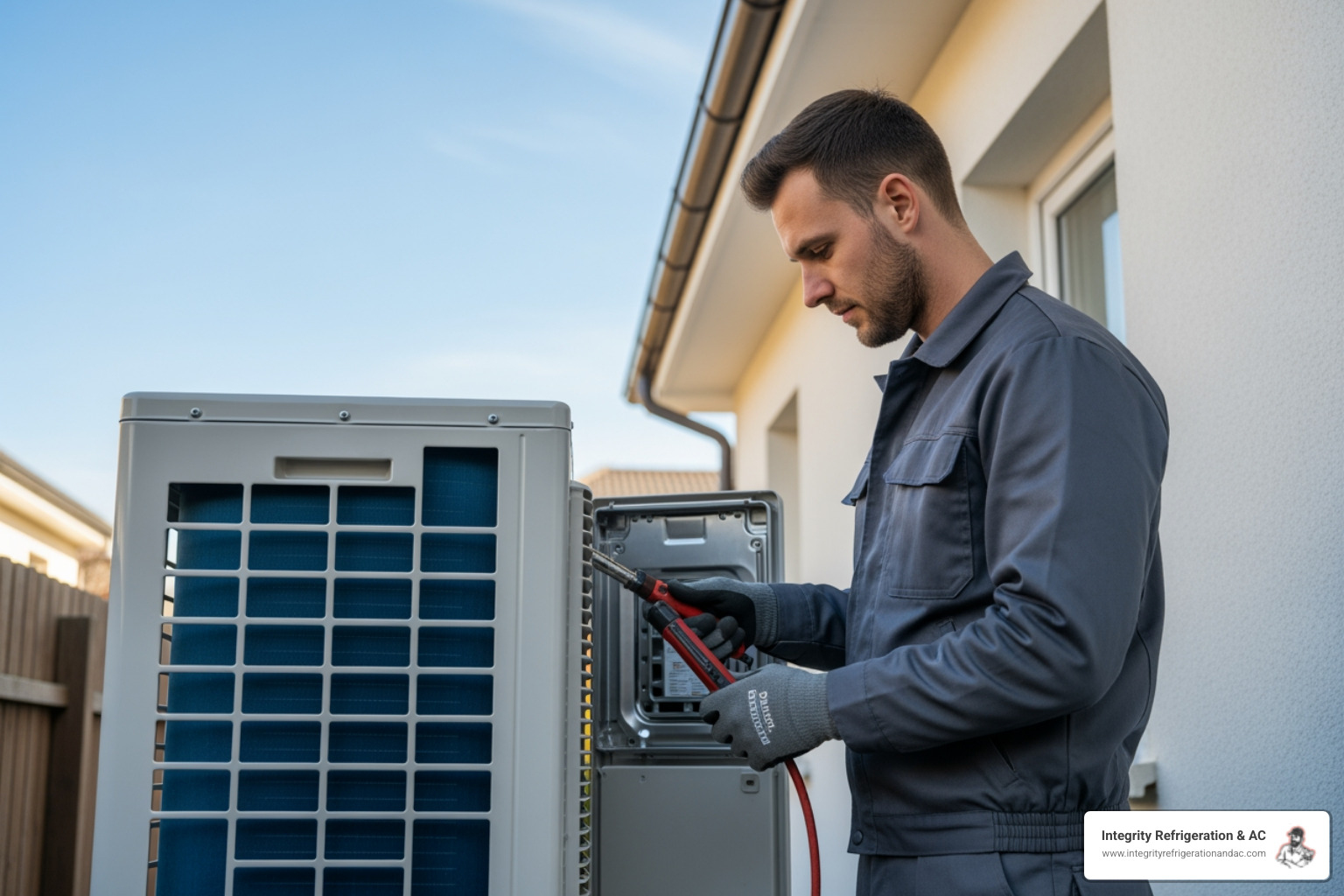technician servicing a modern heat pump - best heater company in auburndale fl