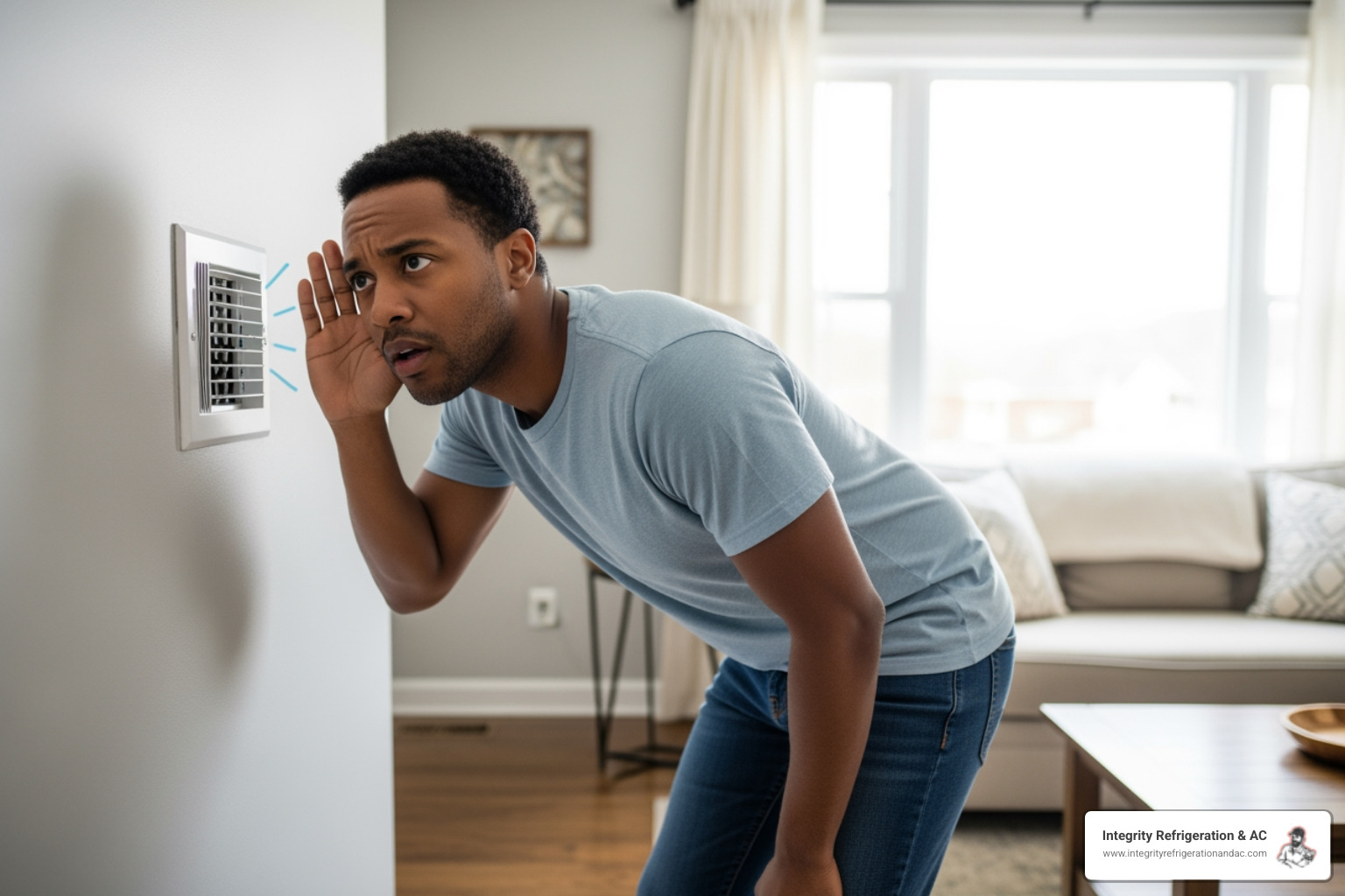 homeowner looking concerned at a noisy vent - best heater company in bartow fl