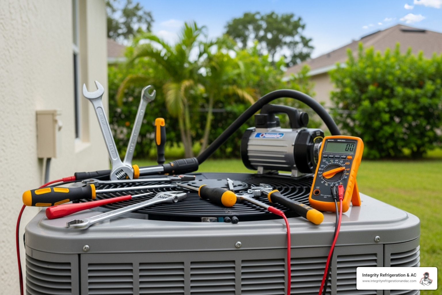 technician servicing outdoor AC unit - HVAC contractor Lakeland