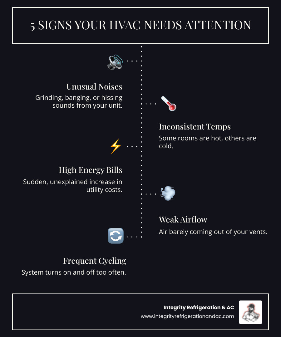 infographic showing 5 warning signs your HVAC system needs professional attention: unusual noises from unit, inconsistent temperatures between rooms, sudden spike in energy bills, weak airflow from vents, and system cycling on and off frequently - HVAC contractor Lakeland infographic infographic-line-5-steps-dark