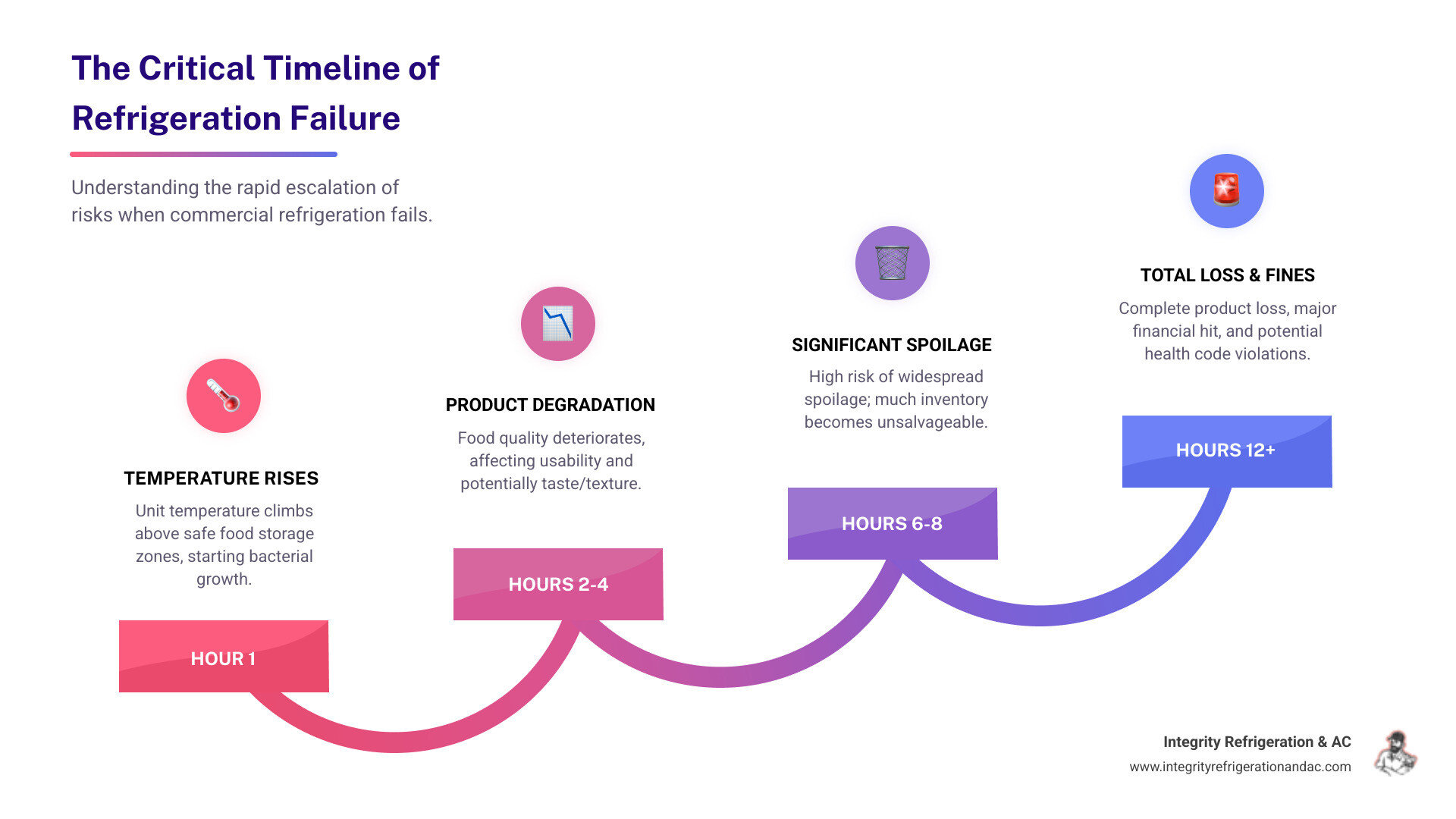 Infographic showing the critical timeline of commercial refrigeration failure: Hour 1 - Temperature rises above safe zone; Hour 2-4 - Product quality begins deteriorating; Hour 6-8 - Significant spoilage risk; Hour 12+ - Complete product loss and potential health code violations - emergency commercial refrigeration installation in bartow, fl infographic step-infographic-4-steps
