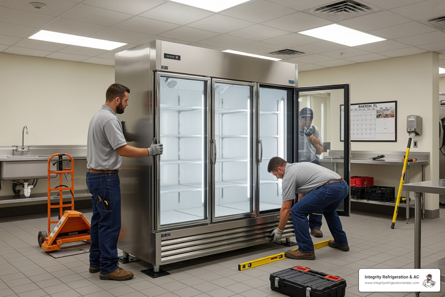 Infographic showing the complete commercial refrigeration installation process in Bartow FL: assessment and space evaluation, system selection based on business needs and energy efficiency, securing mechanical and electrical permits from Polk County, professional installation by certified technicians, testing and calibration for optimal performance, and ongoing maintenance to prevent 95% of breakdowns and extend system lifespan to 10-20 years - commercial refrigeration installation in bartow fl