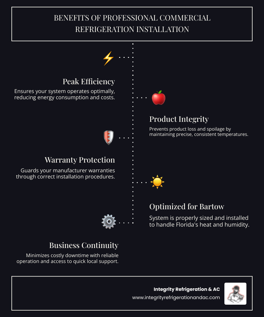Infographic explaining the benefits of professional refrigeration installation for businesses - commercial refrigeration installation near me in bartow, fl infographic infographic-line-5-steps-dark