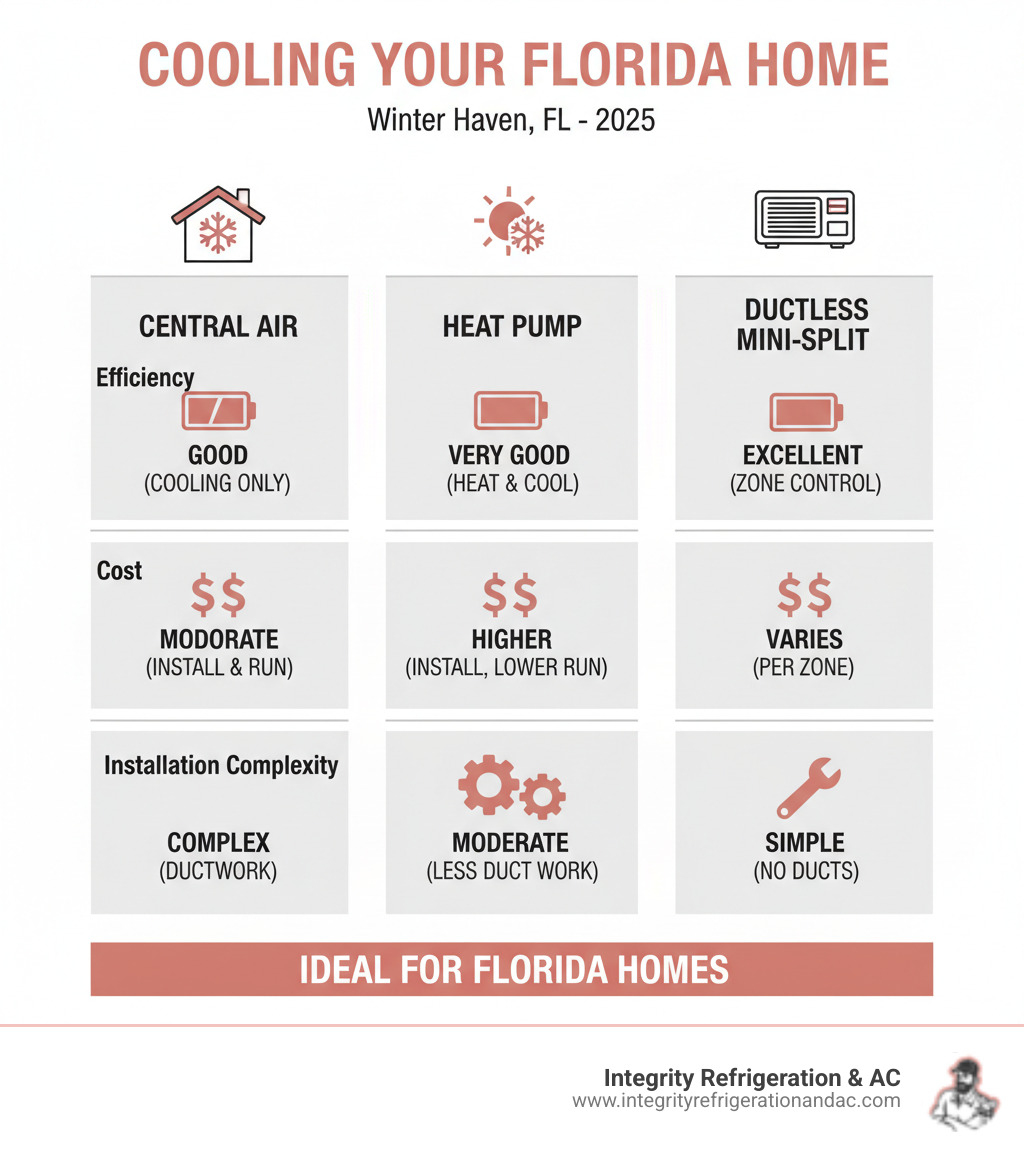 Infographic comparing central air, heat pumps, and ductless mini-splits for Florida homes, highlighting efficiency, cost, and installation complexity - HVAC Installation in the Winter Haven FL infographic 