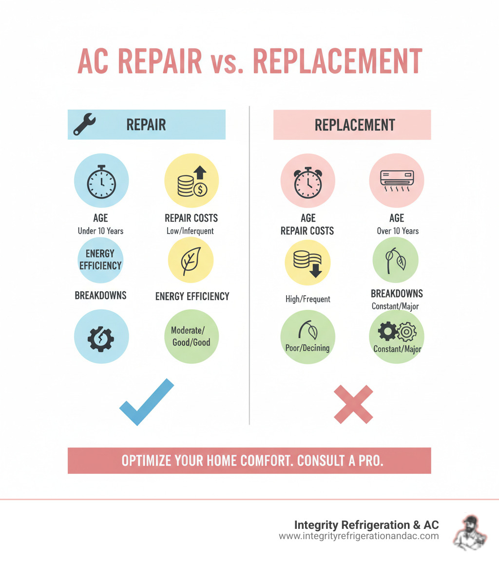 Infographic comparing factors for AC repair vs. replacement, including age, repair costs, energy efficiency, and frequency of breakdowns - ductless ac service infographic 