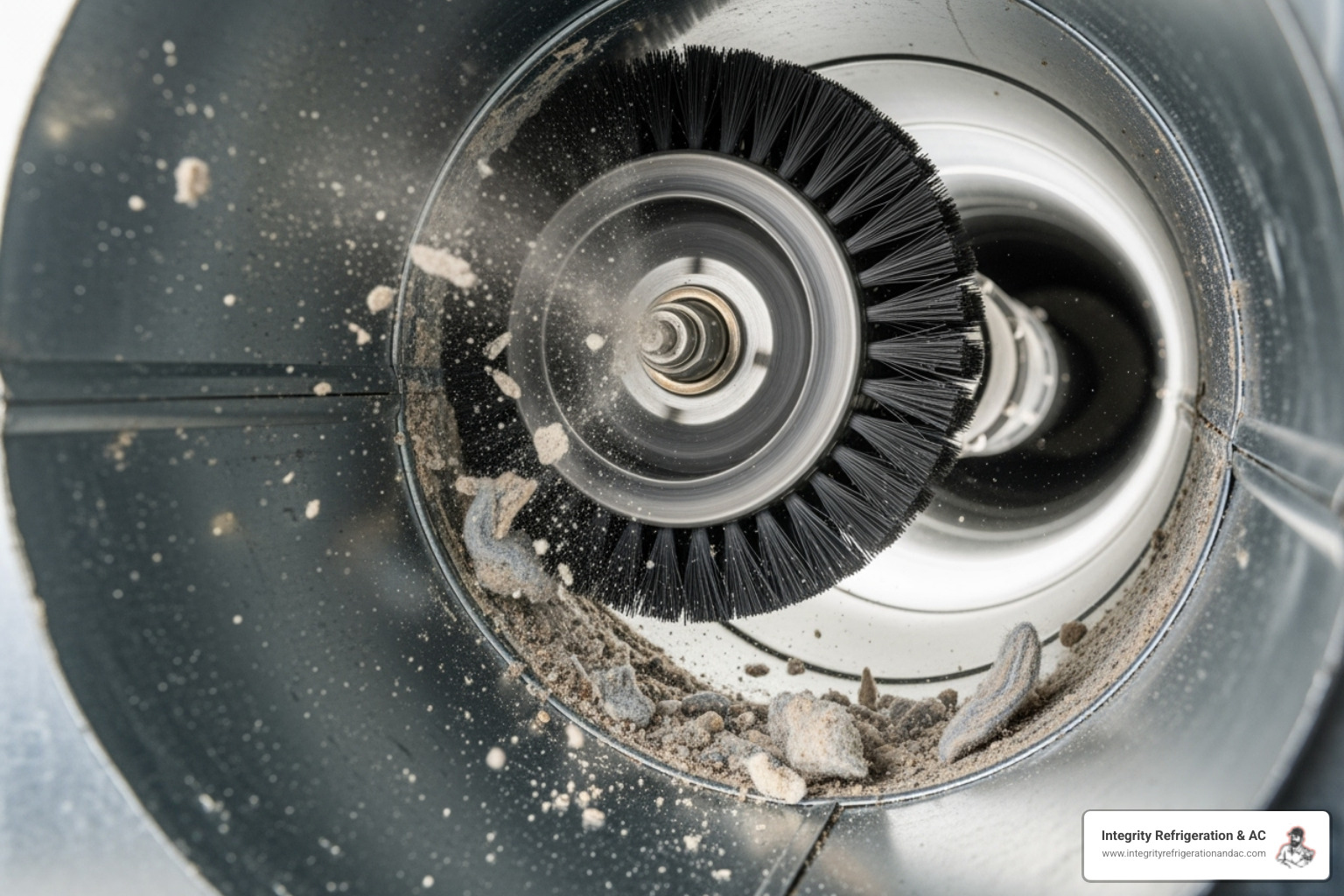 A technician using a rotary brush tool inside a section of ductwork - air duct cleaning