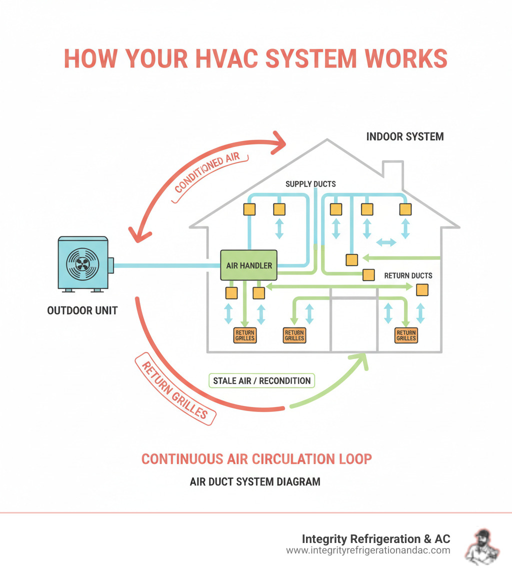 Infographic showing how a home's HVAC system works: outdoor unit connects to indoor air handler, which pushes conditioned air through supply ducts to room vents, while return ducts pull air back through return grilles for reconditioning; arrows show continuous air circulation loop through the entire duct system - air duct cleaning infographic 