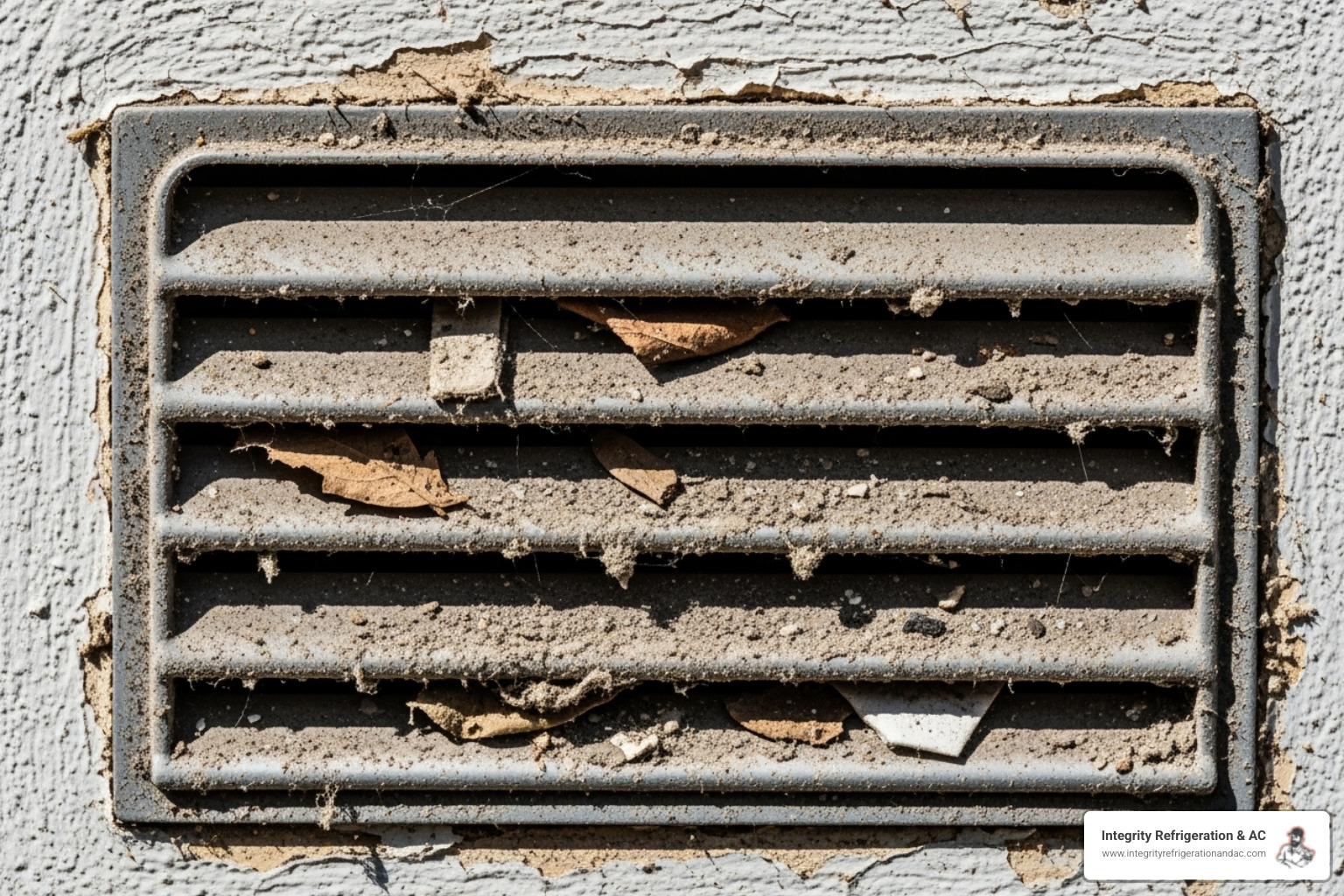 A dusty air vent with visible debris on the grille - air duct cleaning