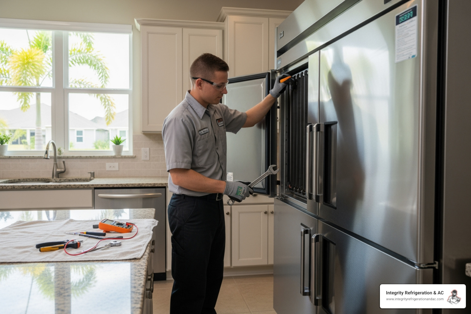 infographic showing residential refrigeration zones at 35-38°F for fresh food and 0°F for freezer, and commercial refrigeration zones at 33-40°F for coolers and -10 to 0°F for freezers, with notes about Florida humidity impact - residential commercial refrigeration services in haines city, fl