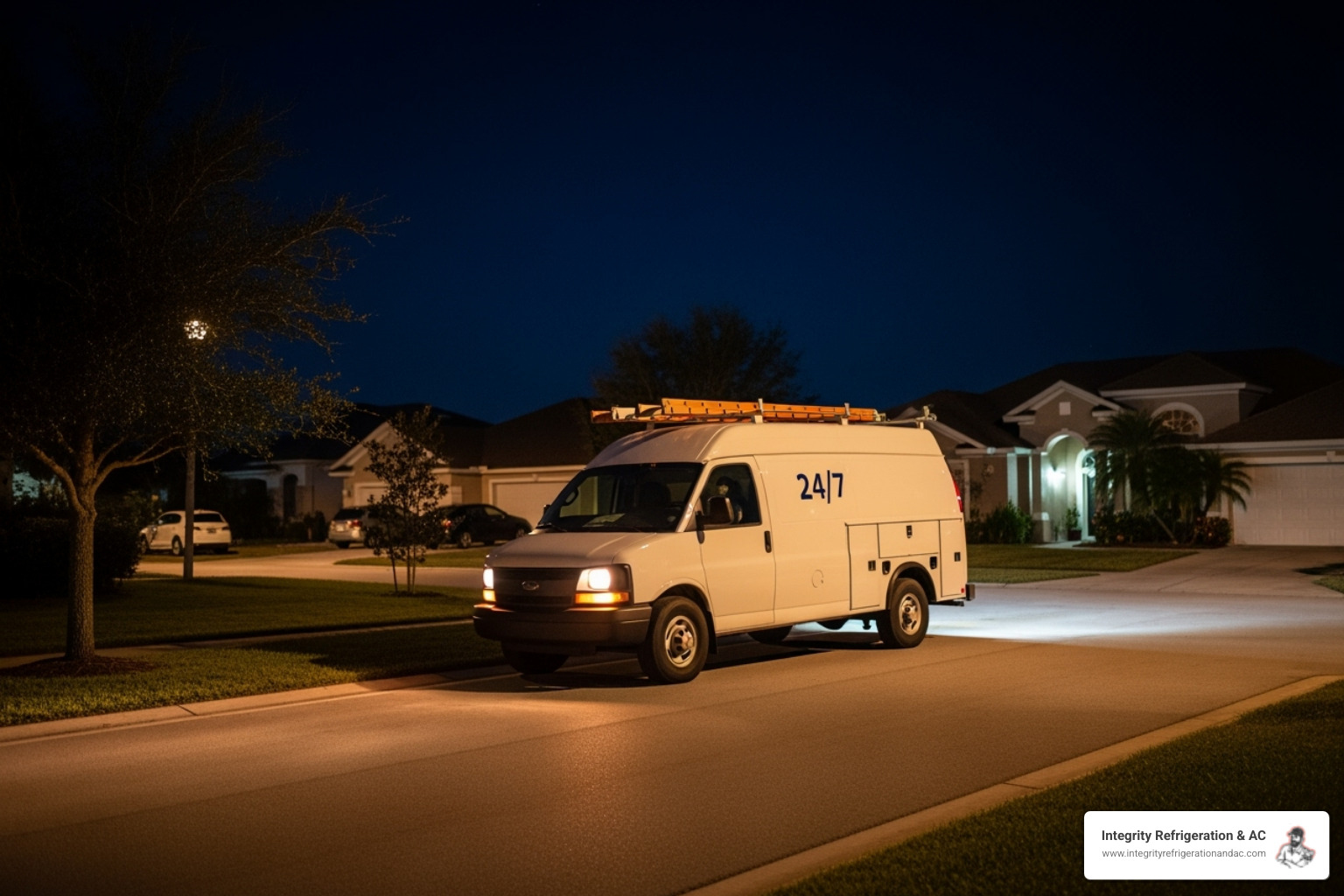 A service van with a prominent 24/7 service logo driving through a residential street at night, illuminated by streetlights, symbolizing immediate availability. - ac emergency repair
